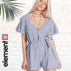 ELEMENT Blue Striped Surplice Short Romper with tie at waist- Sze Medium
